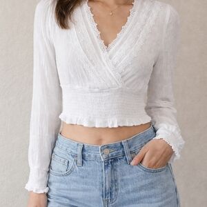 Self Esteem Stella White Smocked Lace Trim Wrap Blouse Boho V-Neck Top Size M